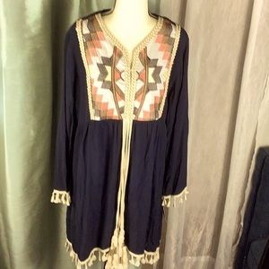 Freeway Embroidered bodice Dress in Navy. Size Large. Crochet trim and tassel